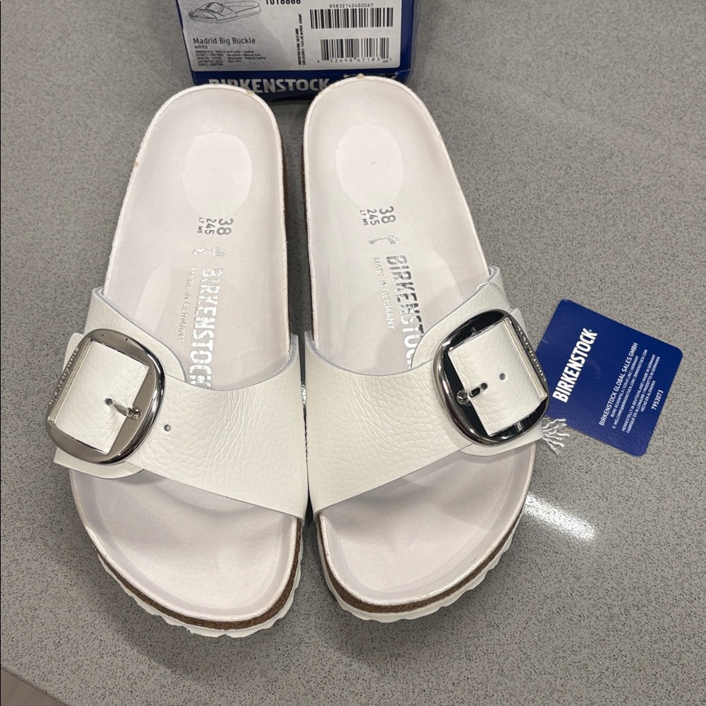 NWT White Birkenstock Madrid Big Buckle Sandal Size 38 Narrow Fit Silver Buckle